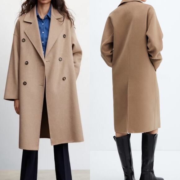 MANGO Handmade Double Breasted Wool Long Camel Coat Medium - Picture 1 of 11